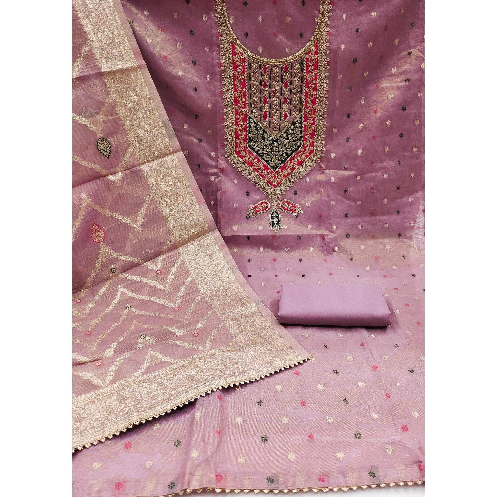 Lavender Sequins Embroidered With Woven Chanderi Silk Dress Material