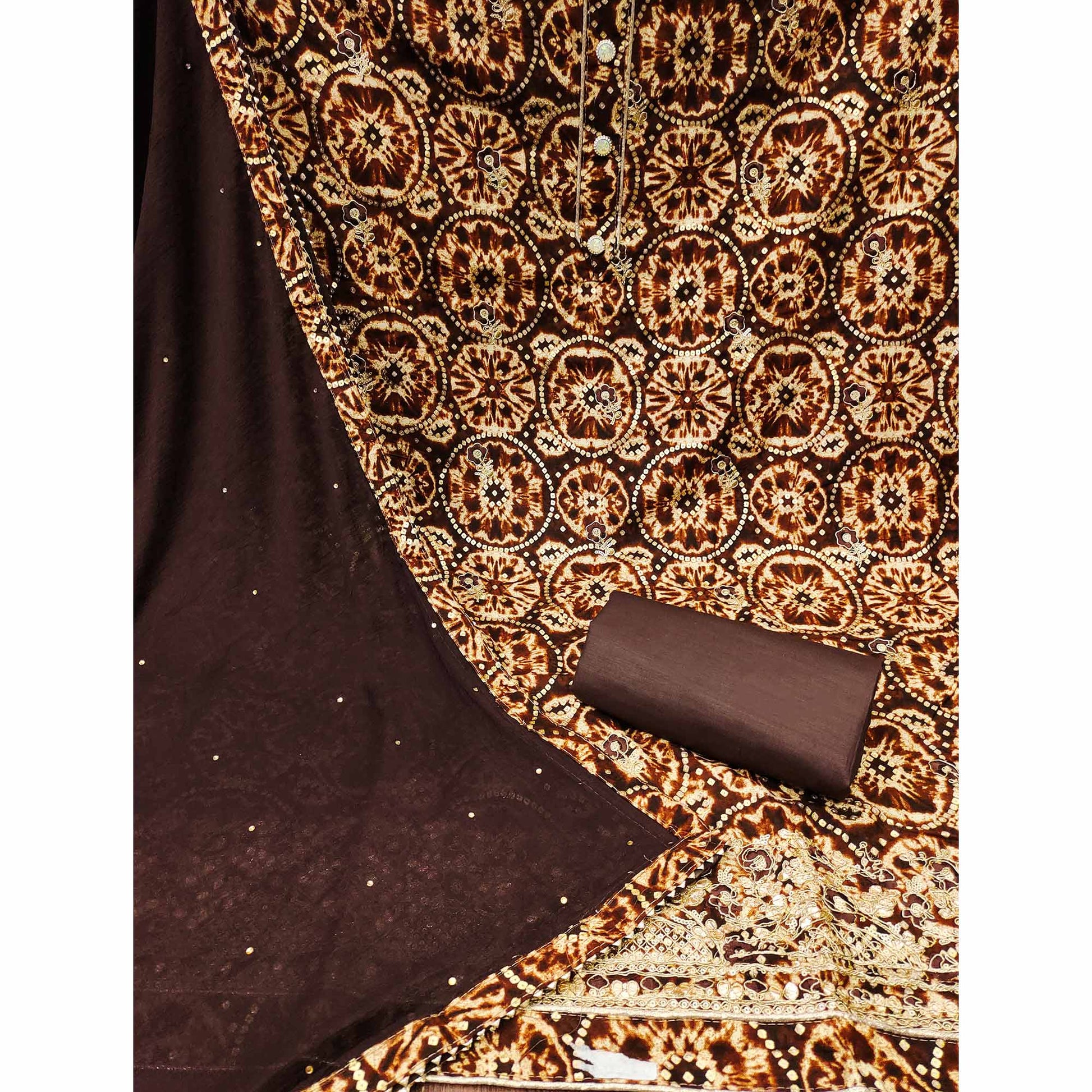 Brown Foil Printed Rayon Dress Material