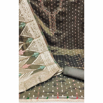 Mehandi Green Woven Jacquard Dress Material