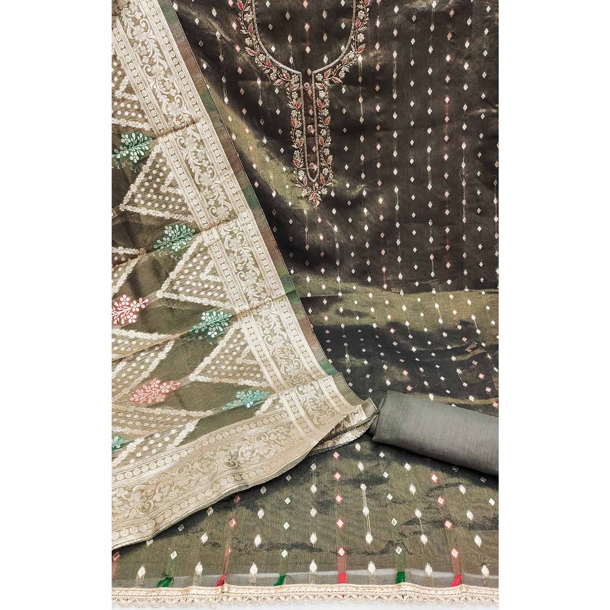 Mehandi Green Woven Jacquard Dress Material