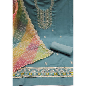 Bluish Grey Floral Sequins Embroidered Roman Chanderi Silk Dress Material