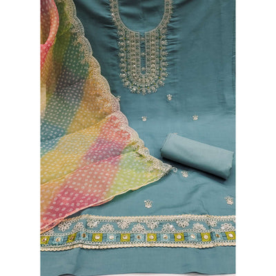 Bluish Grey Floral Sequins Embroidered Roman Chanderi Silk Dress Material