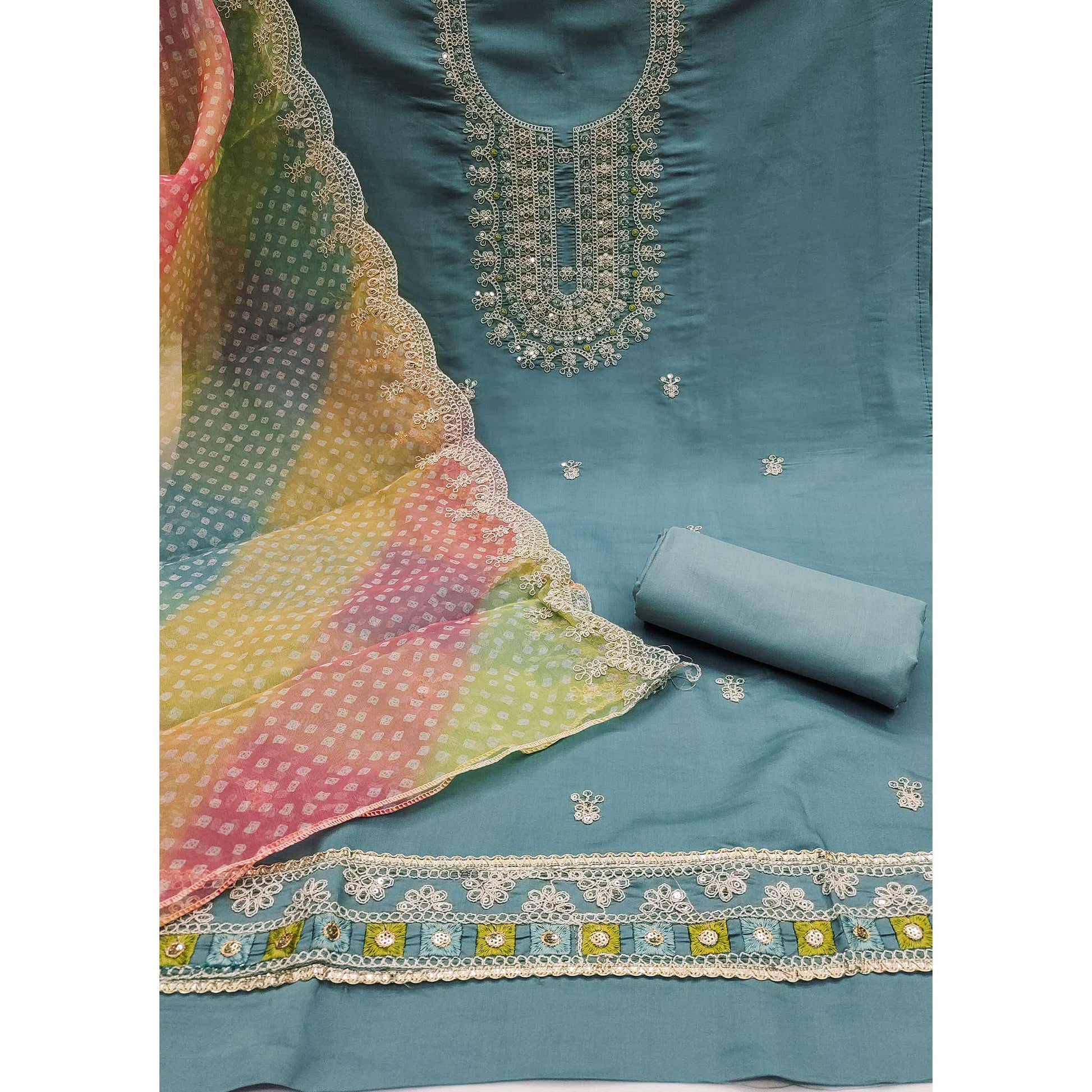 Bluish Grey Floral Sequins Embroidered Roman Chanderi Silk Dress Material