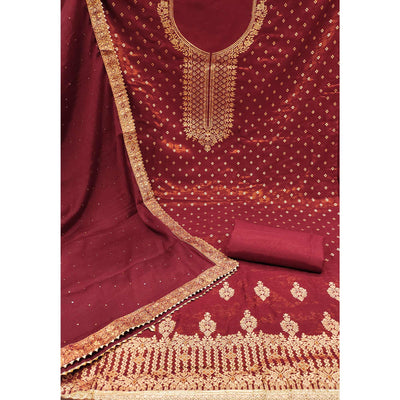 Maroon Floral Woven With Stonework Jacquard Dress Material