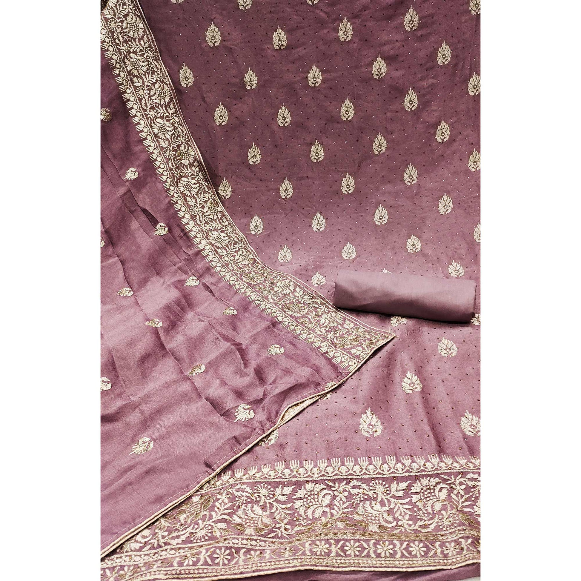 Mauve Floral Embroidered Chinon Dress Material
