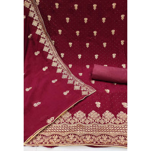 Maroon Floral Embroidered Chinon Dress Material