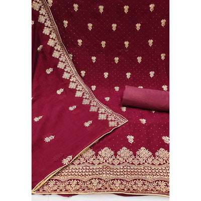 Maroon Floral Embroidered Chinon Dress Material