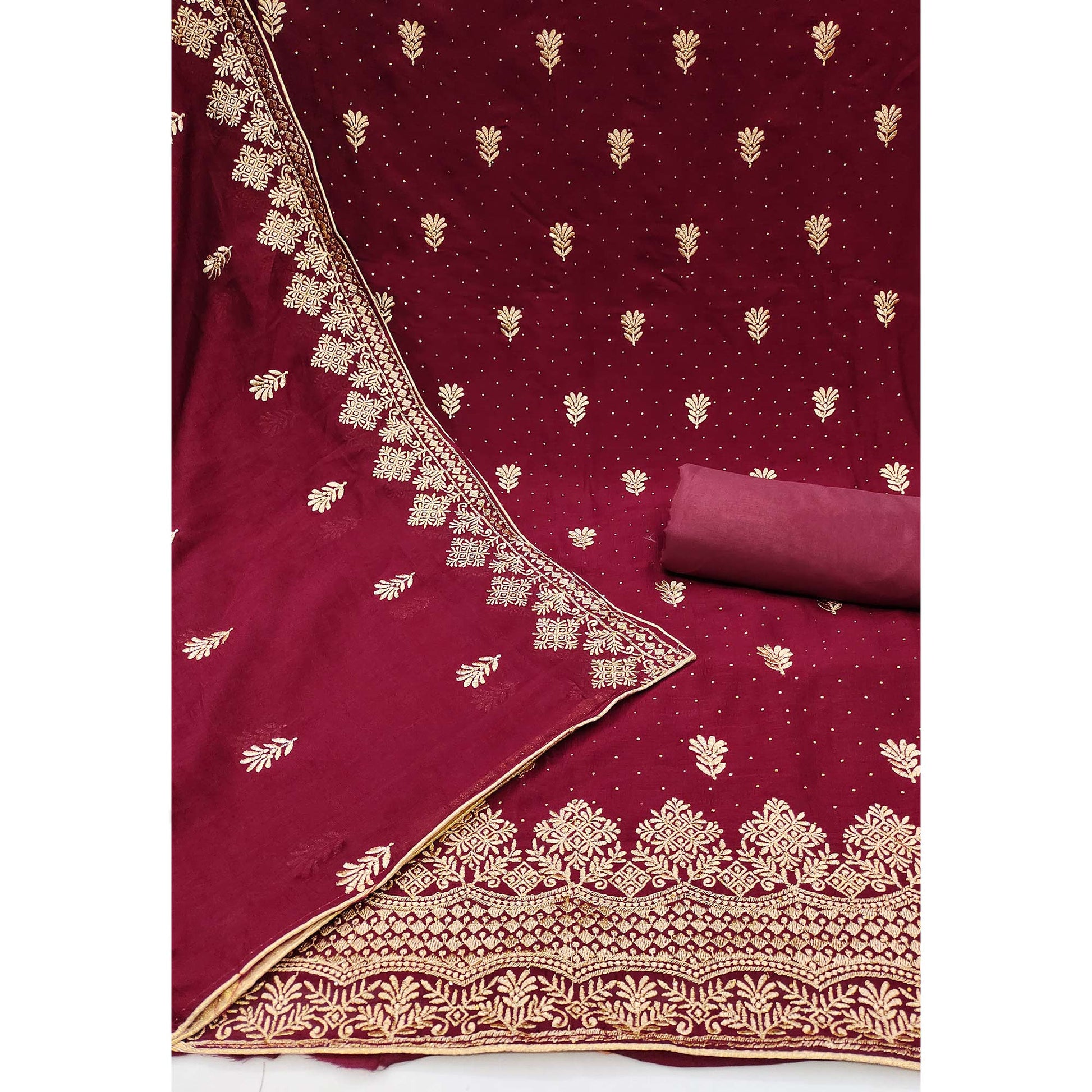 Maroon Floral Embroidered Chinon Dress Material