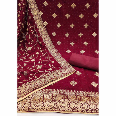 Maroon Floral Embroidered Chinon Dress Material