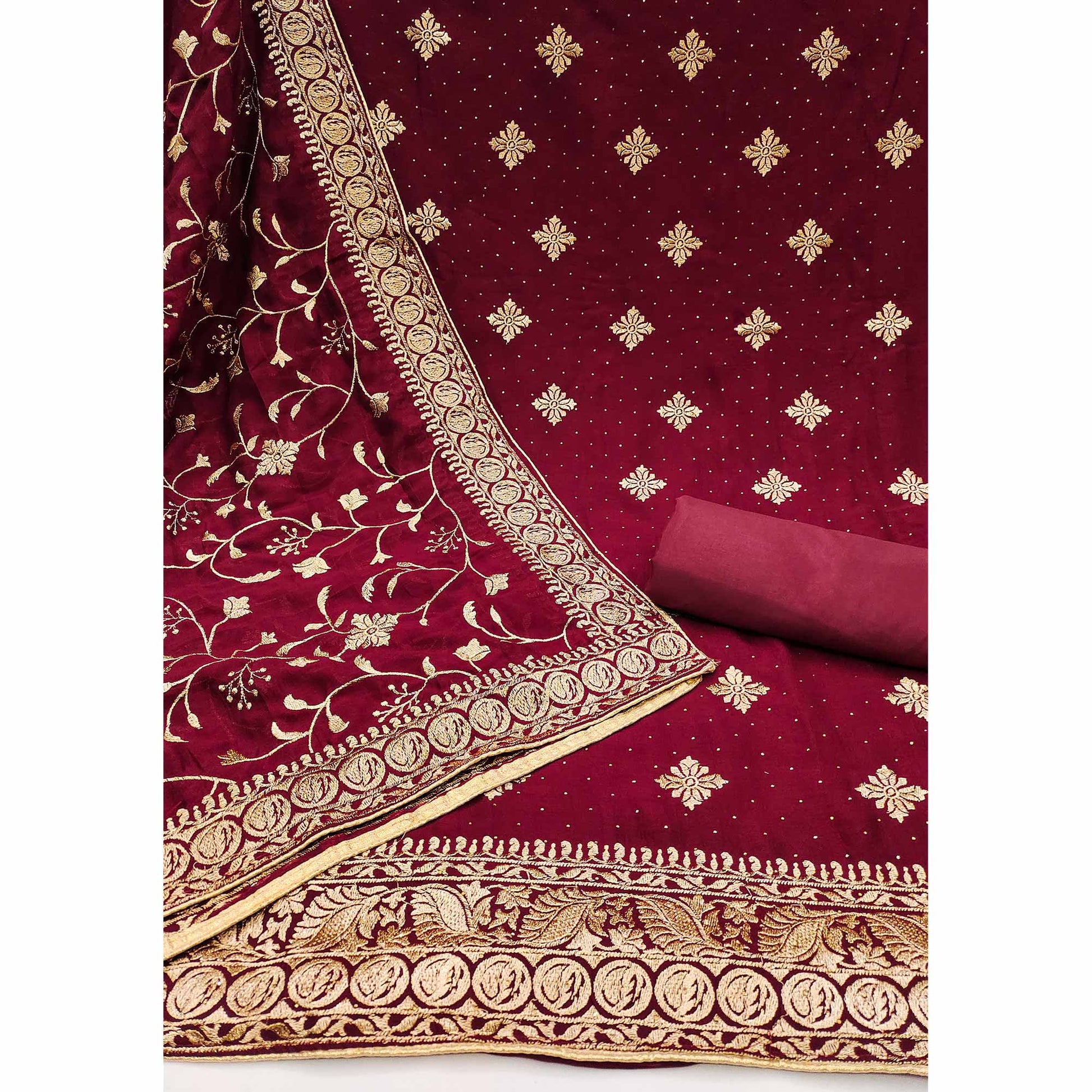 Maroon Floral Embroidered Chinon Dress Material