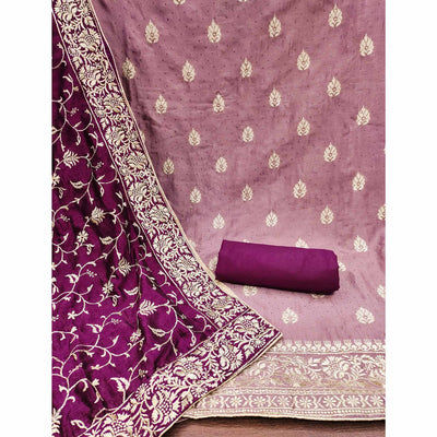Mauve  Floral Embroidered Chinon Dress Material