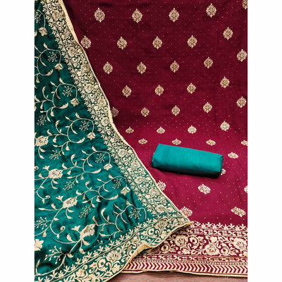 Maroon Floral Embroidered Chinon Dress Material