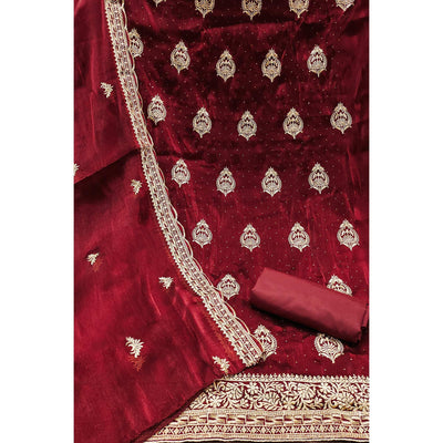 Maroon Floral Embroidery With Stonework Mulberry Silk Dress Material