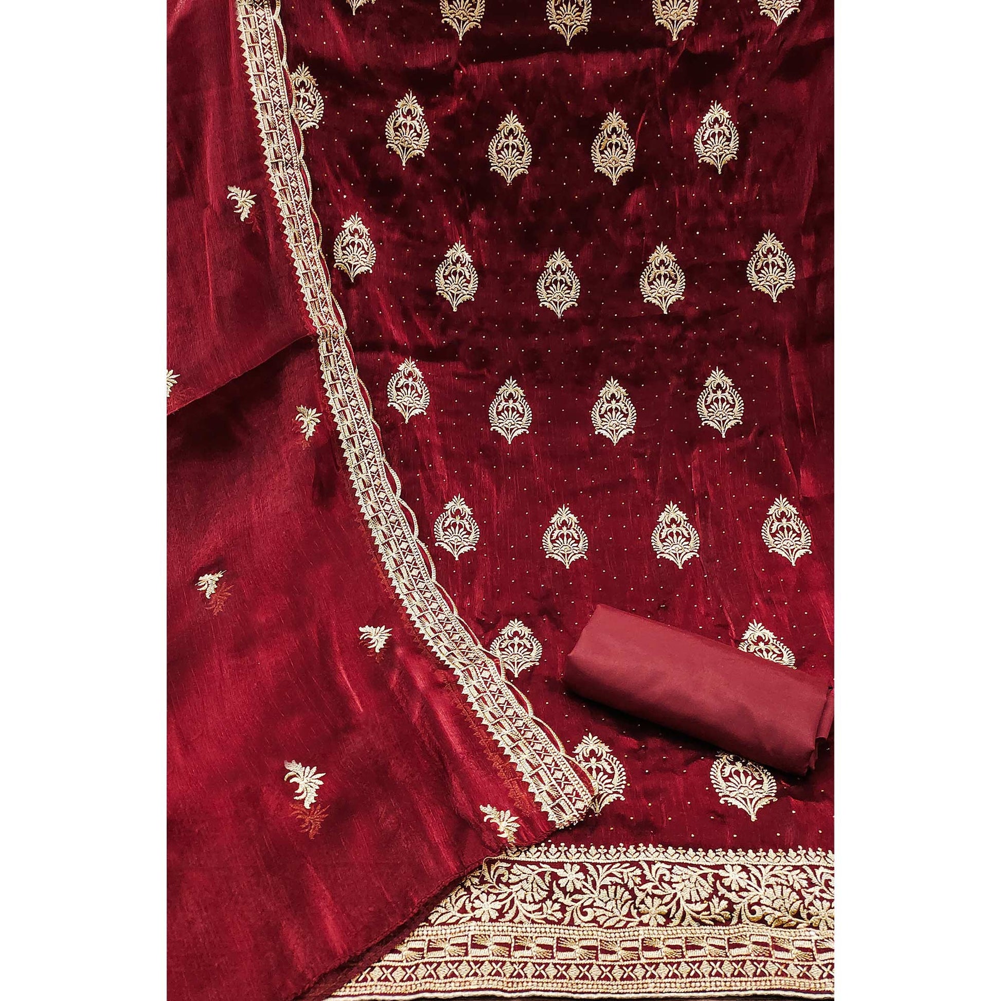 Maroon Floral Embroidery With Stonework Mulberry Silk Dress Material