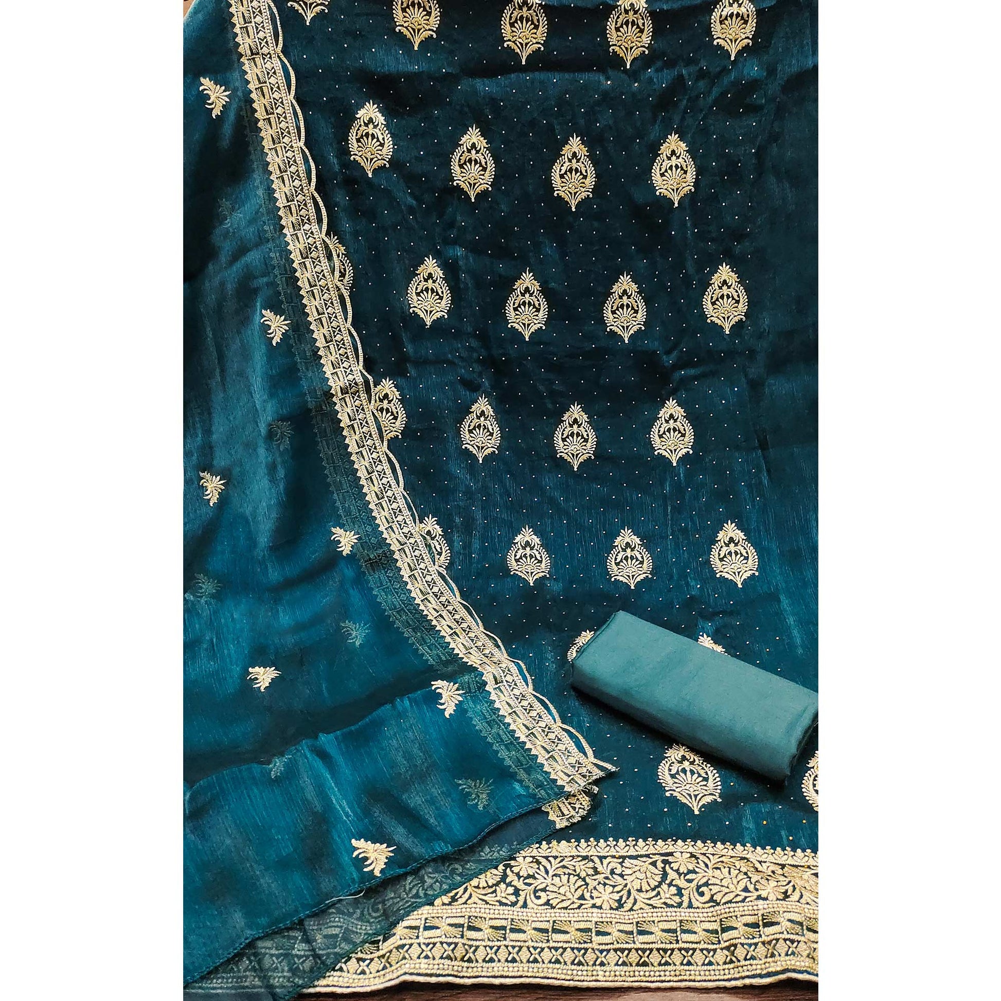 Morpich Floral Embroidery With Stonework Mulberry Silk Dress Material