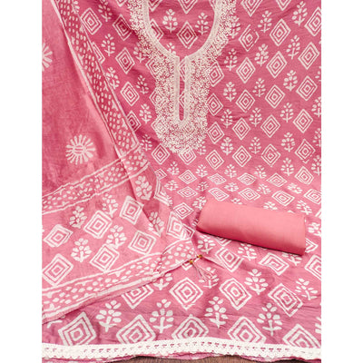 Gajari Pink Batik Printed With Embroidered Pure Cotton Dress Material