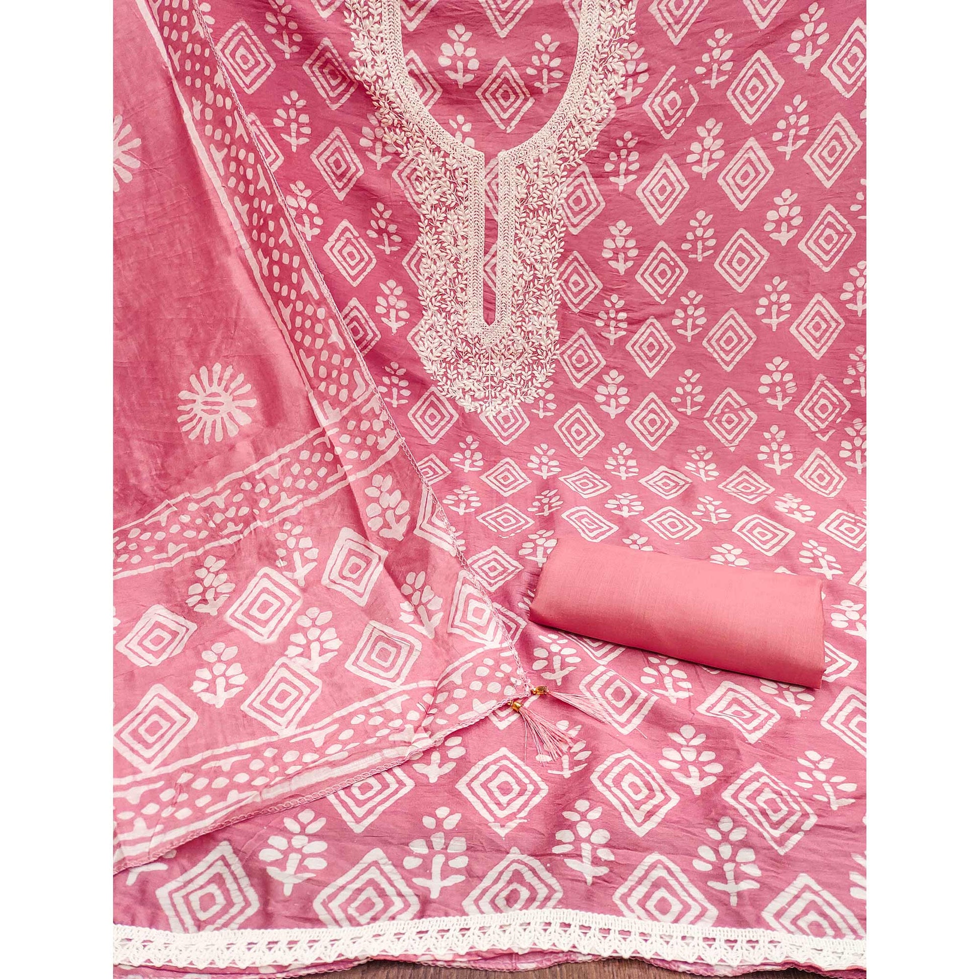 Gajari Pink Batik Printed With Embroidered Pure Cotton Dress Material