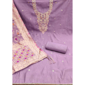 Light Purple Floral Sequins Embroidered Roman Cotton Silk Dress Material