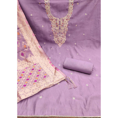 Light Purple Floral Sequins Embroidered Roman Cotton Silk Dress Material