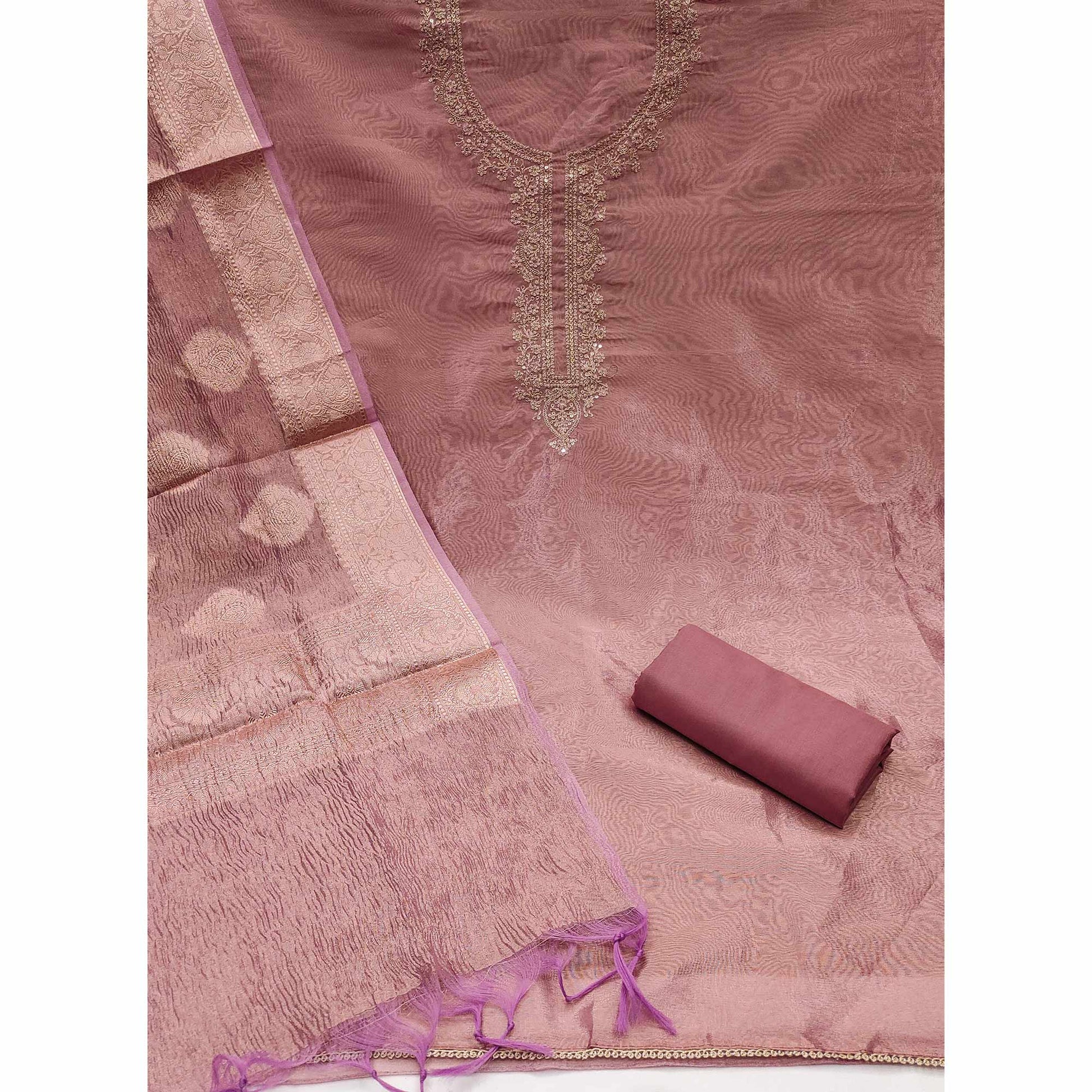 Mauve Woven With Embroidered Banarasi Silk Shimmer Crush Dress Material