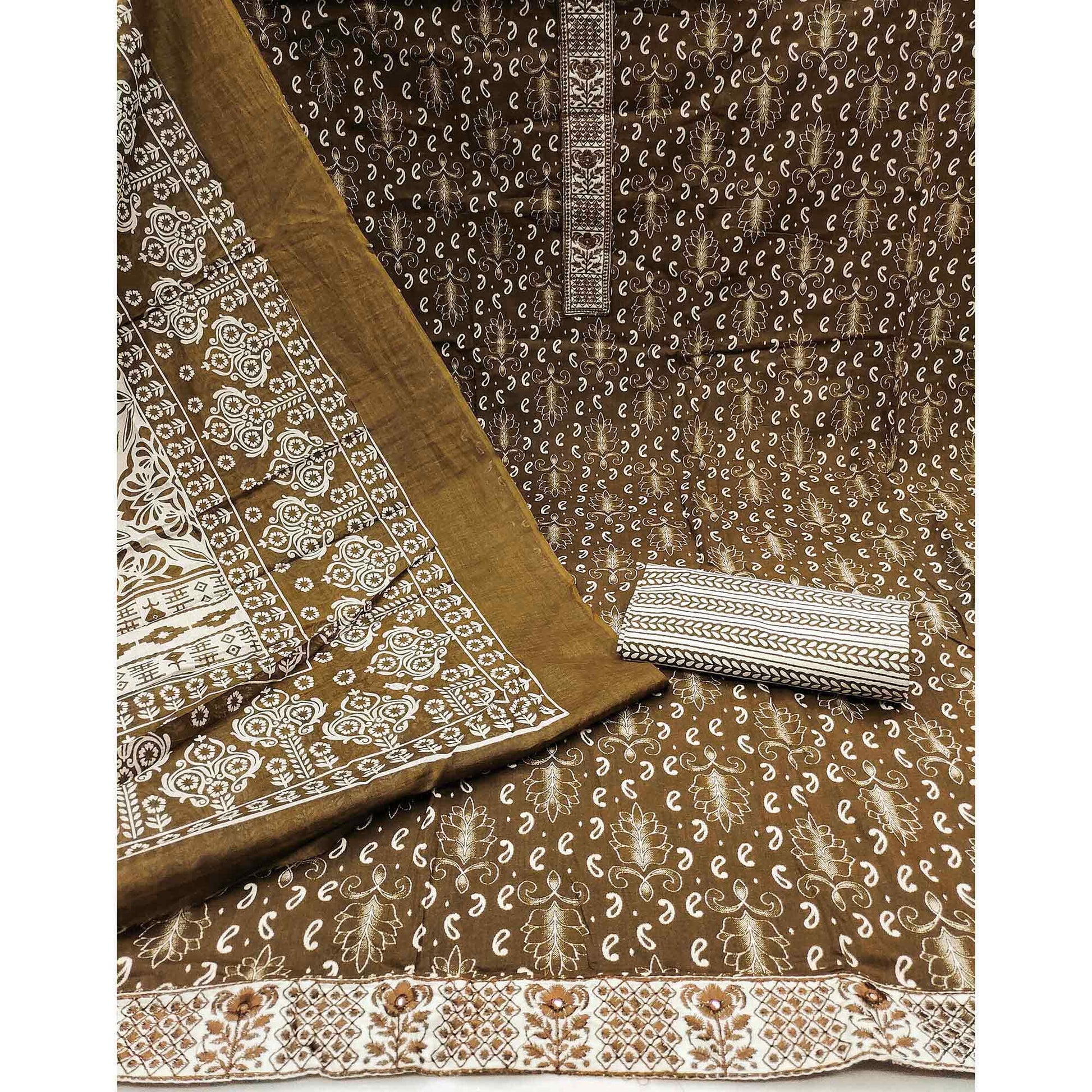 Brown Foil Printed Pure Cotton Dress Material