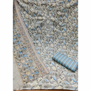 Grey Printed With Embroidery Pure Cotton Dress Material