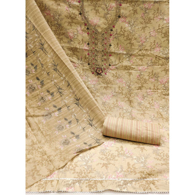 Cream Floral Printed With Embroidery Pure Cotton Dress Material
