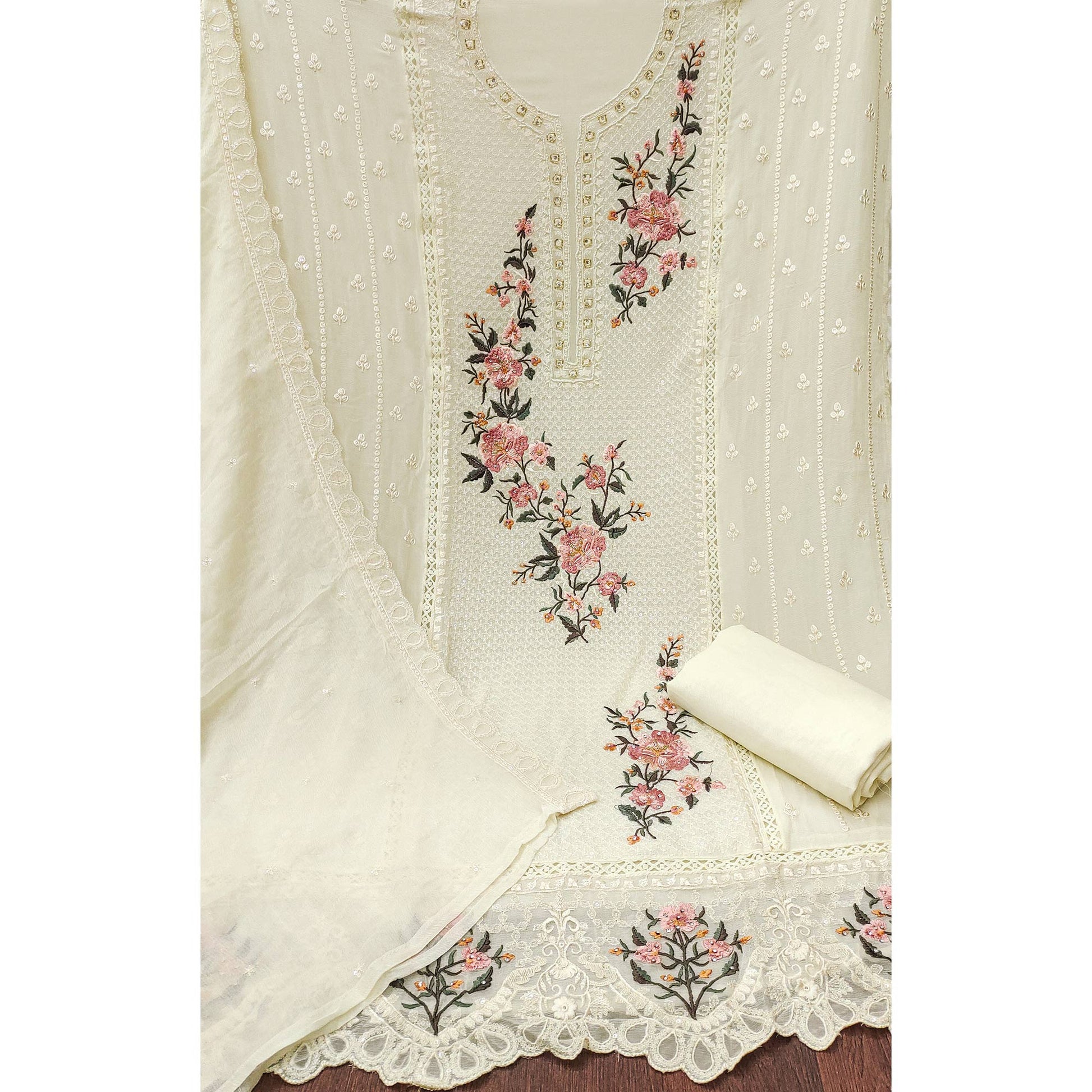 Cream Floral Sequins Embroidered Georgette Dress Material