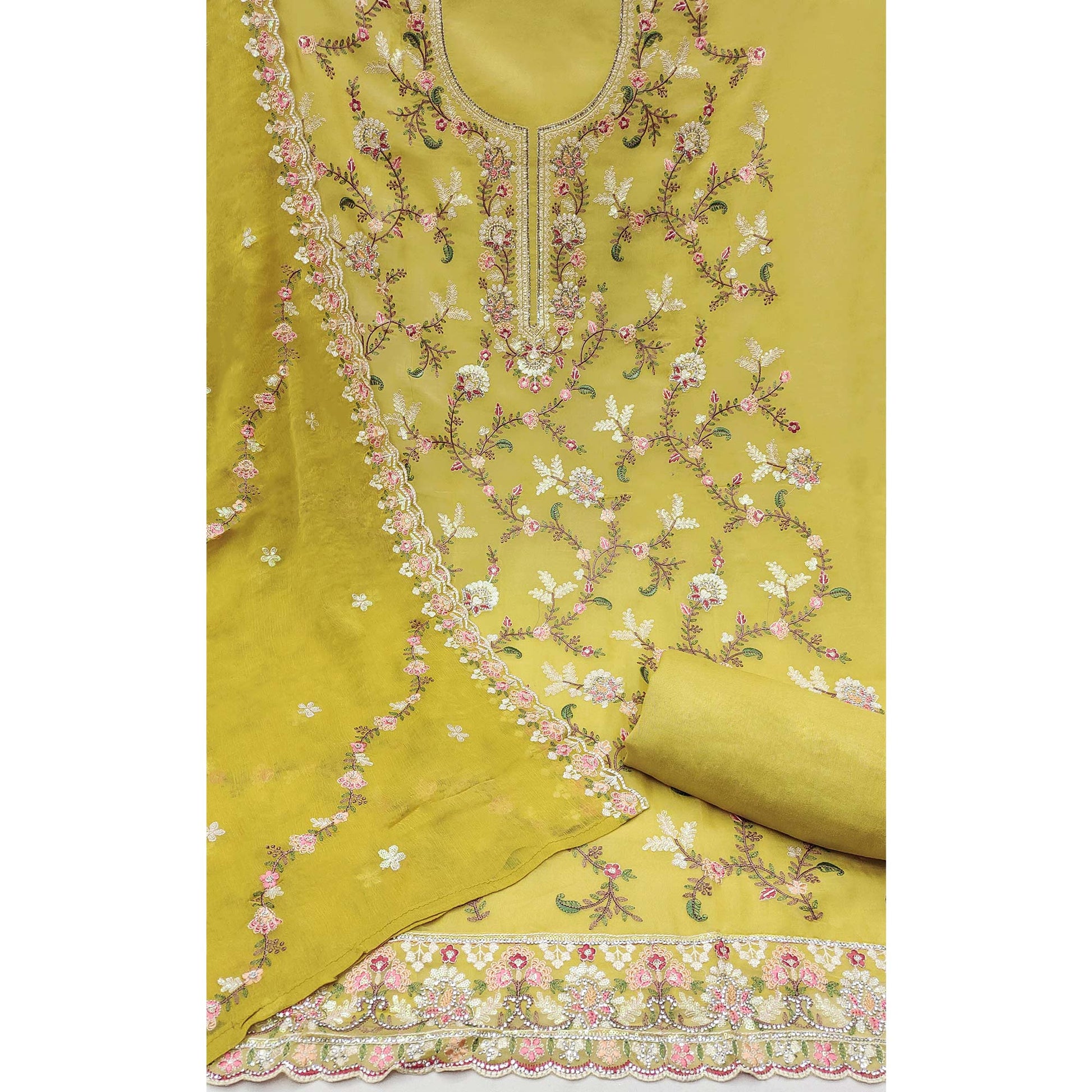Lemon Yellow Floral Sequins Embroidered Georgette Dress Material