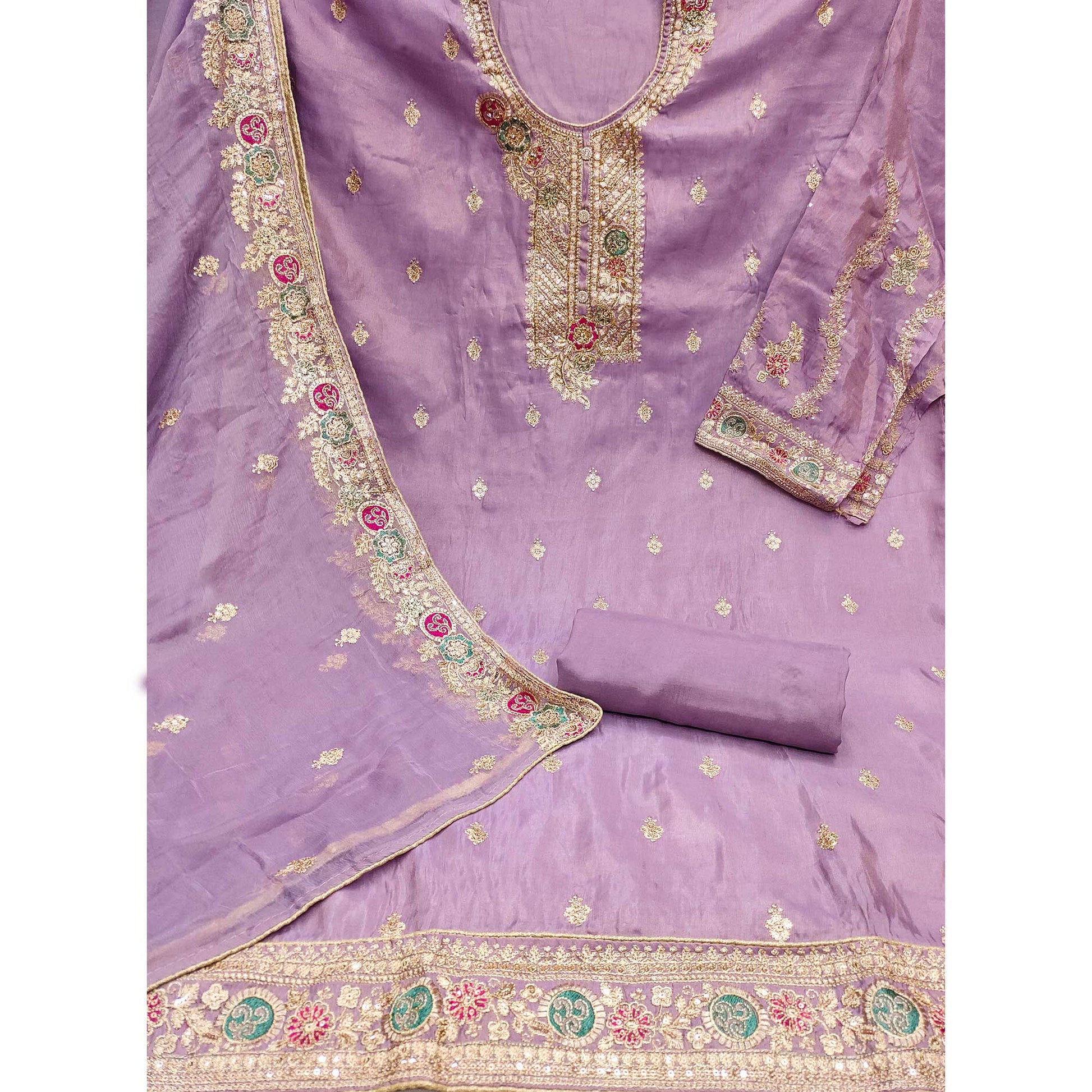 Lavender Floral Sequins Embroidered Organza Dress Material