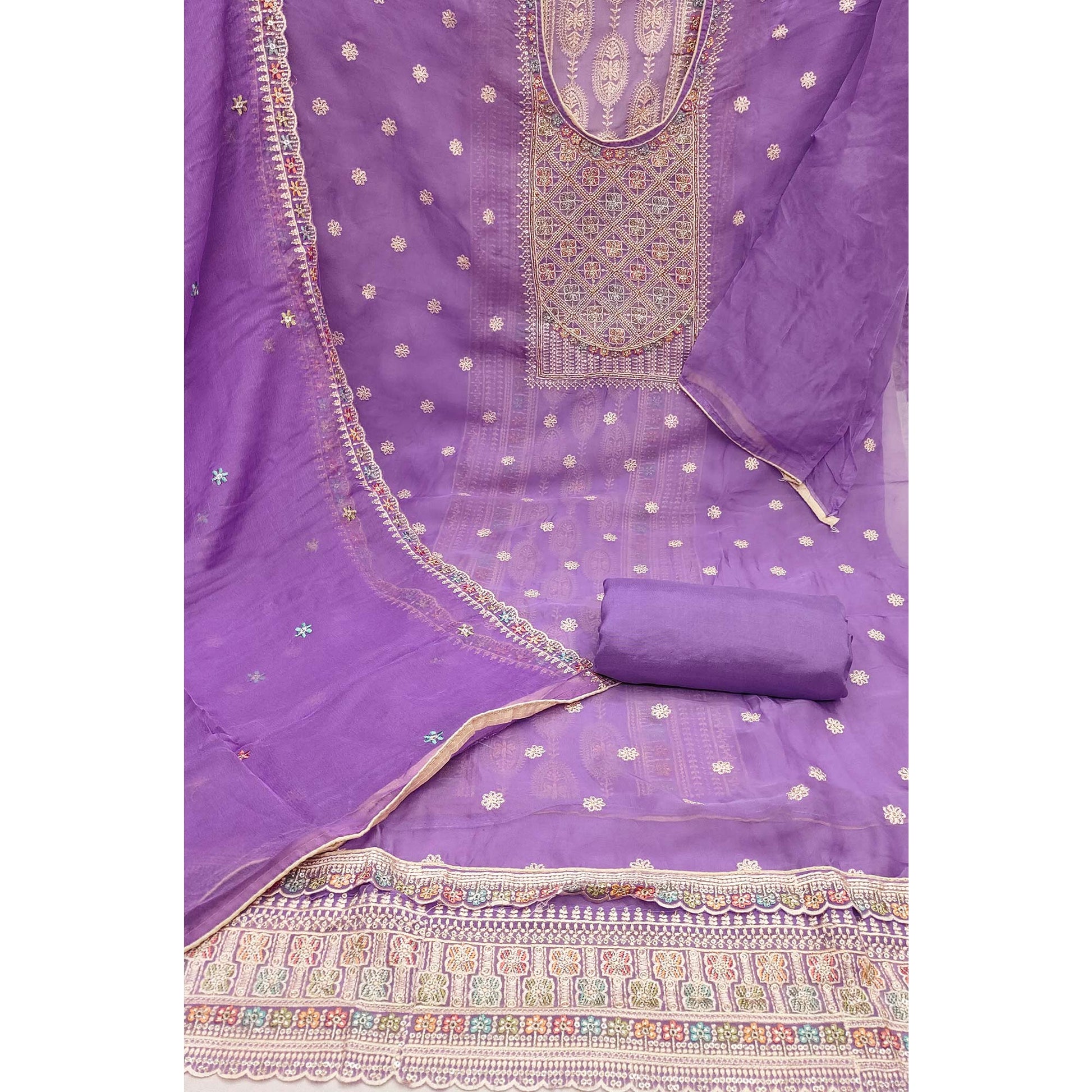 Lavender Floral Embroidered Organza Dress Material
