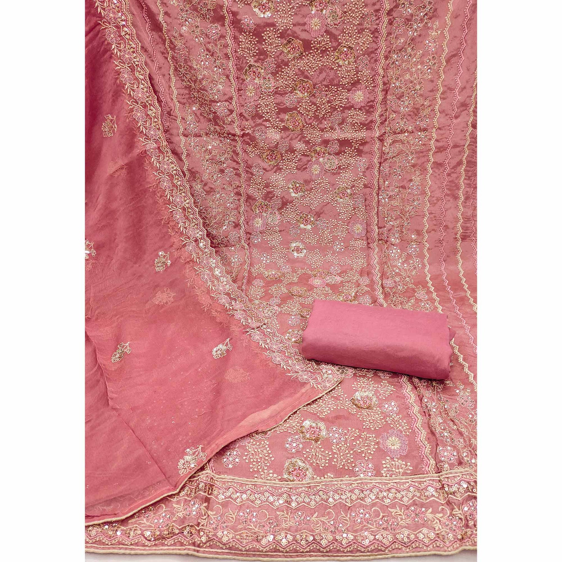 Dusty Pink Floral Embroidered Organza Dress Material