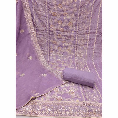 Lavender Floral Embroidered Organza Dress Material