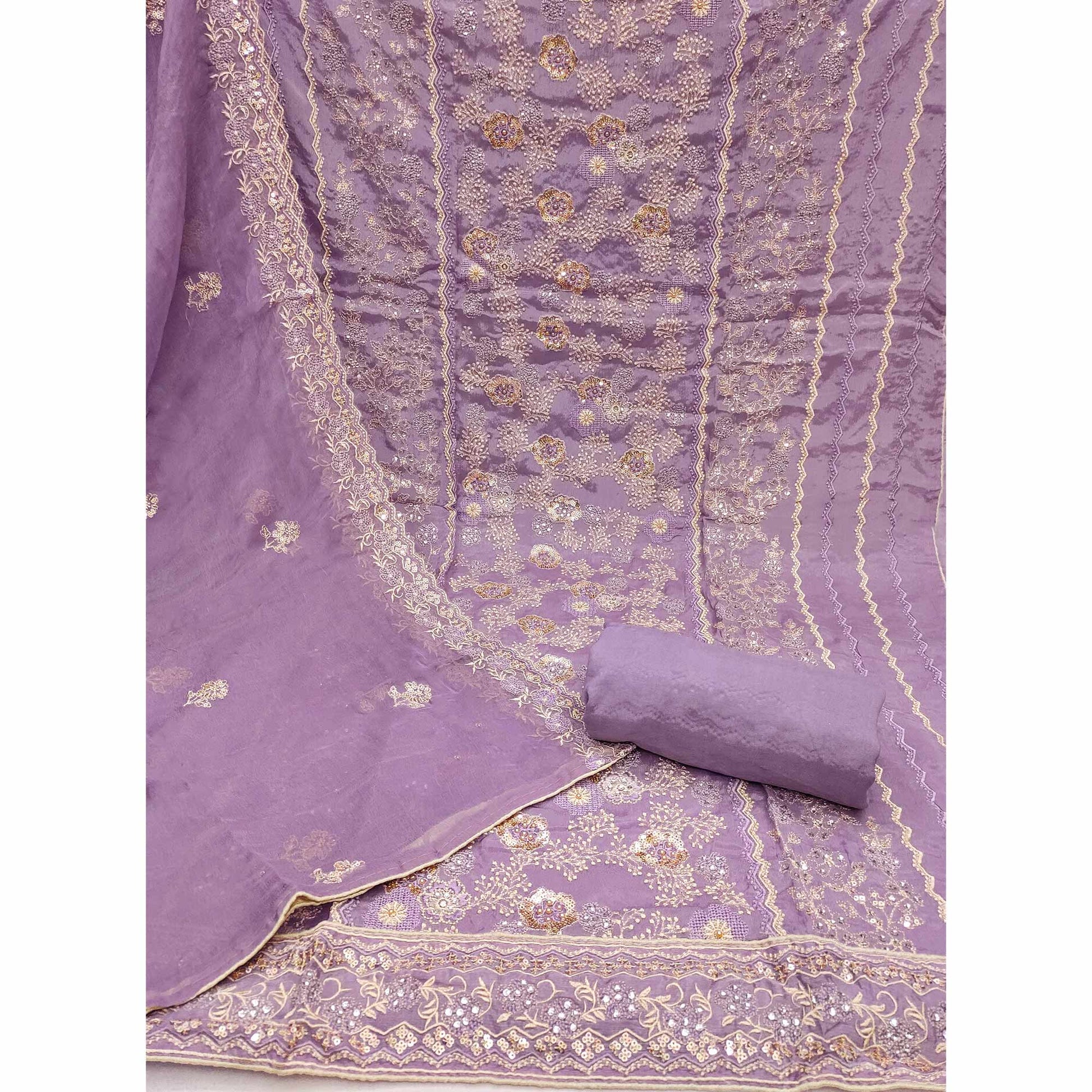 Lavender Floral Embroidered Organza Dress Material