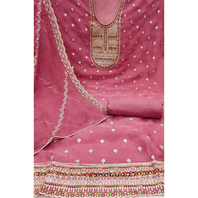 Dusty Pink Embroidered Organza Dress Material