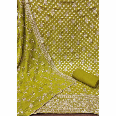 Mehendi Green Floral Embroidered With Woven Georgette Dress Material