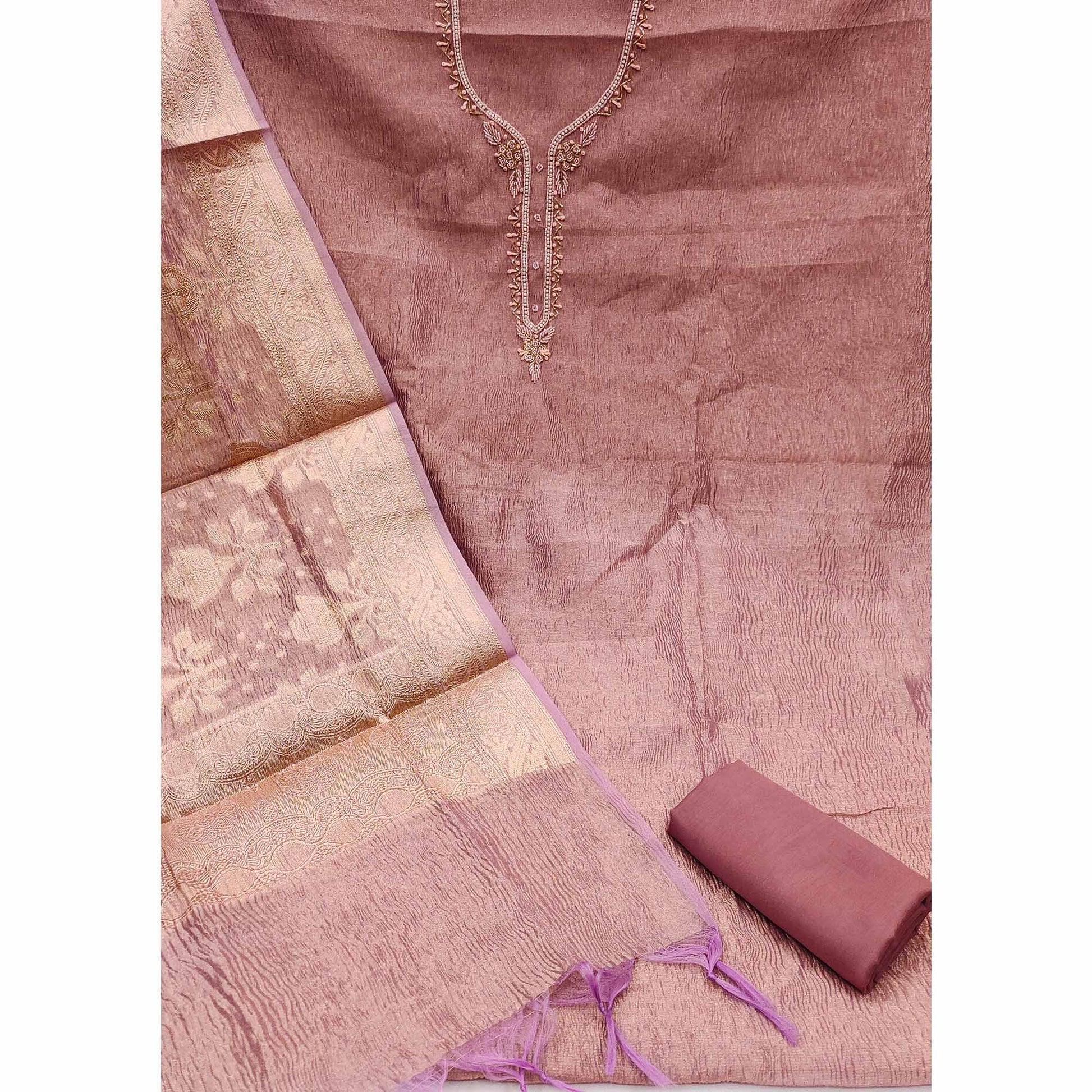Mauve Woven With Handwork Crush Tissue Dress Material