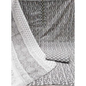 Grey Printed With Yoke Embroidered Pure Cotton Dress Material