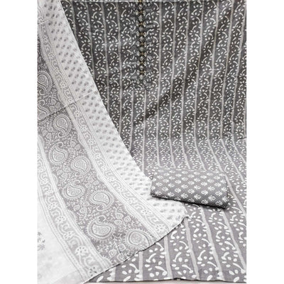 Grey Printed With Yoke Embroidered Pure Cotton Dress Material