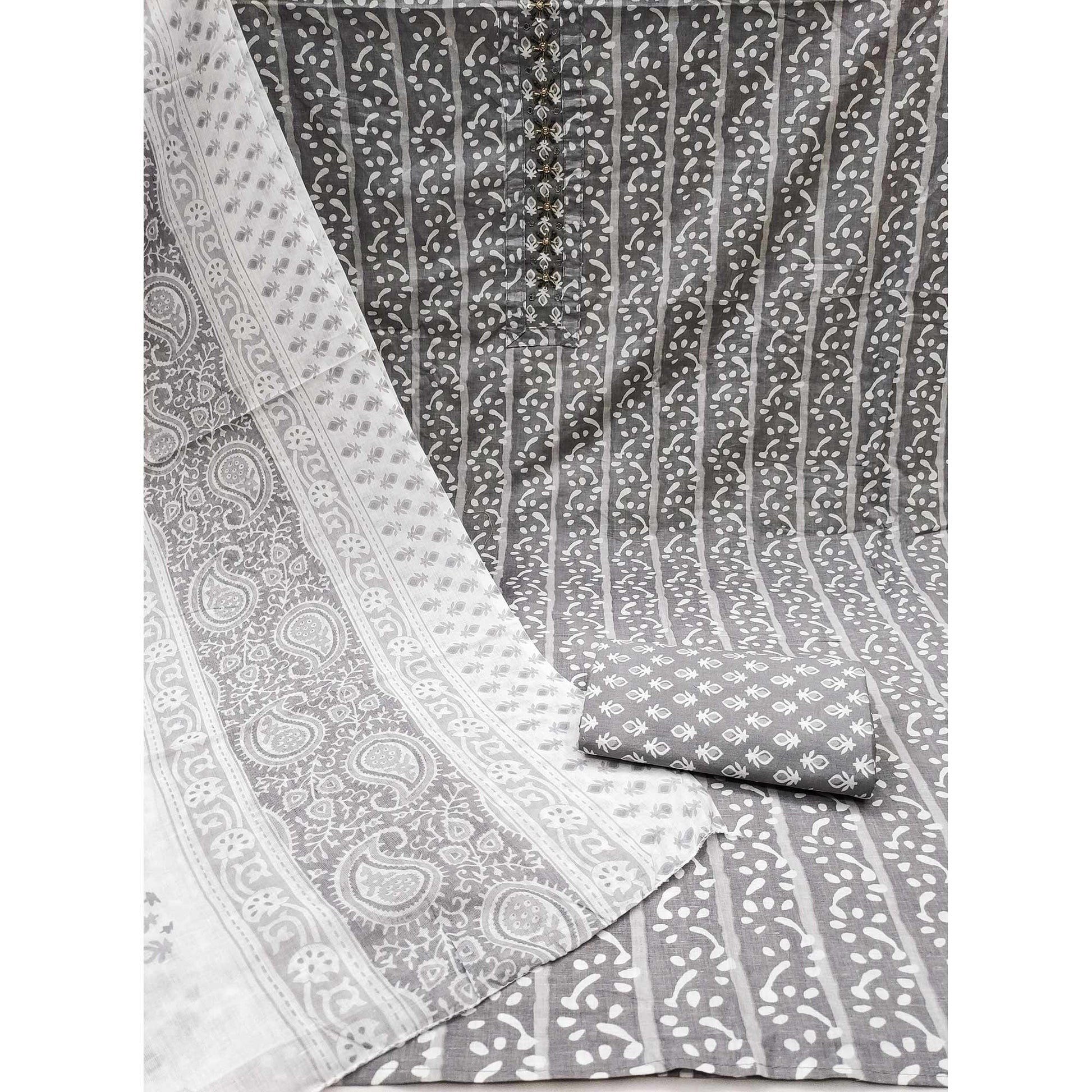 Grey Printed With Yoke Embroidered Pure Cotton Dress Material