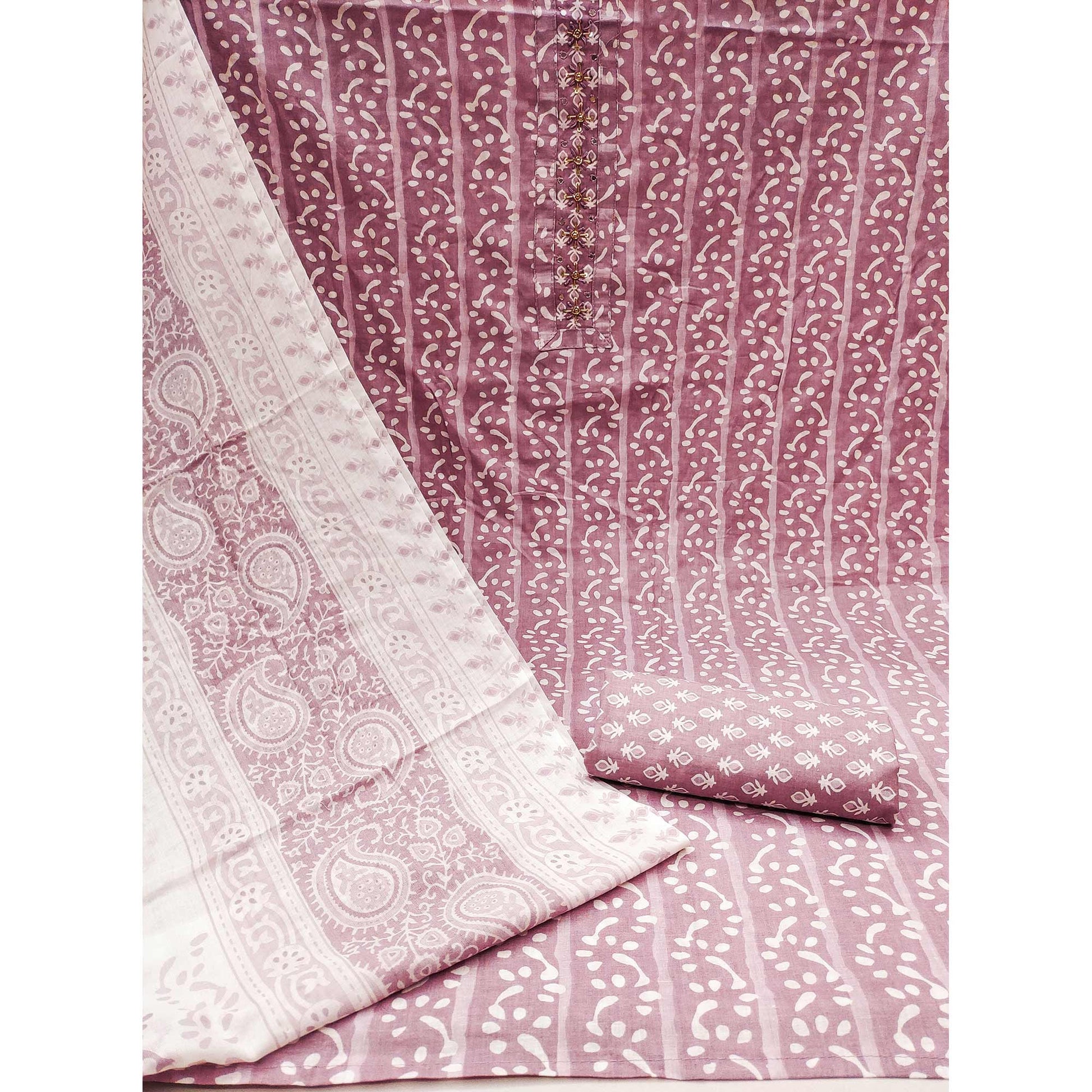 Mauve Printed With Yoke Embroidered Pure Cotton Dress Material