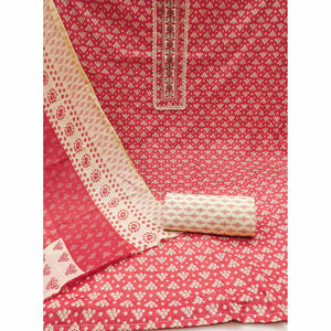 Gajari Red Printed With Embroidery Pure Cotton Dress Material