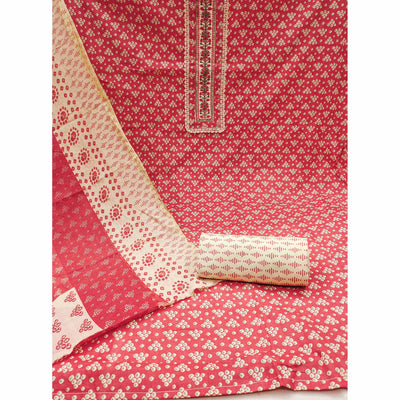 Gajari Red Printed With Embroidery Pure Cotton Dress Material