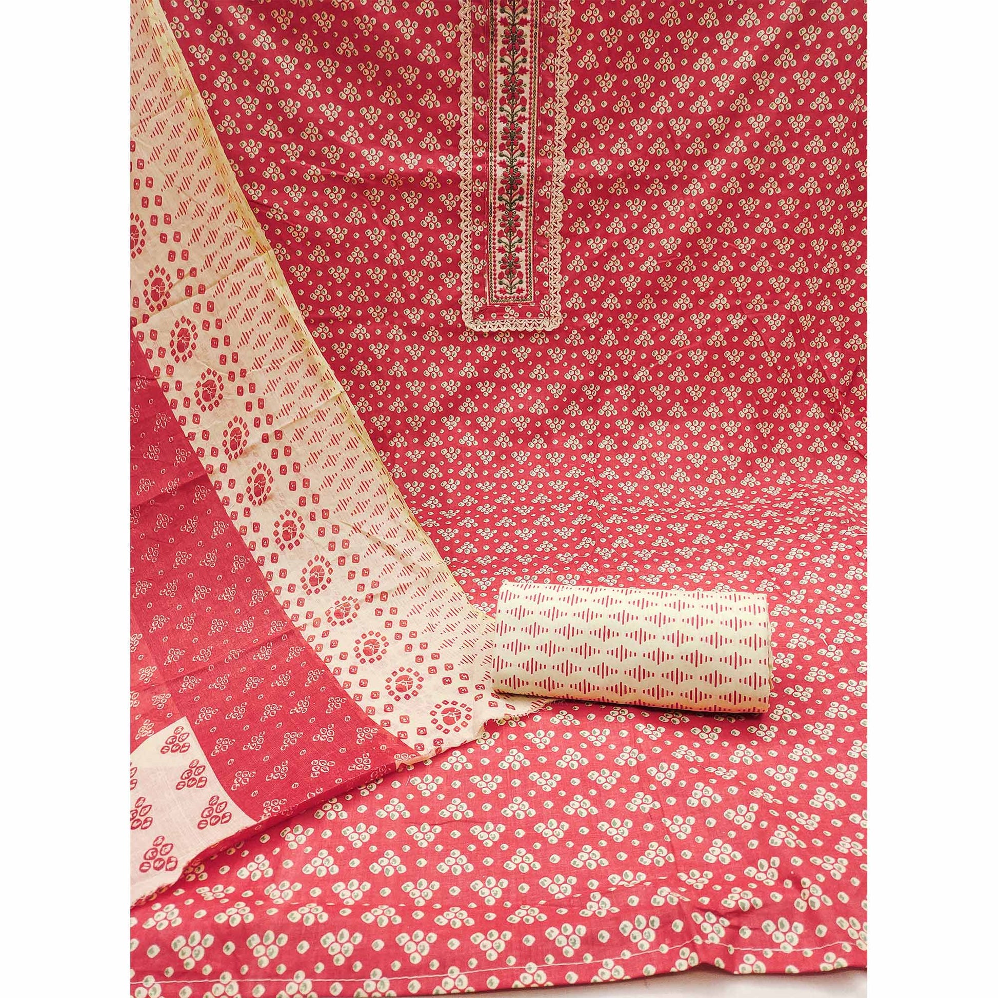 Gajari Red Printed With Embroidery Pure Cotton Dress Material