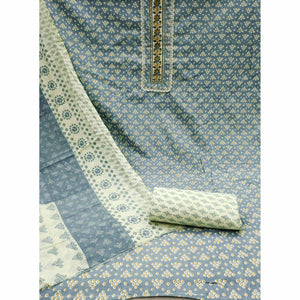 Grey Printed With Embroidery Pure Cotton Dress Material