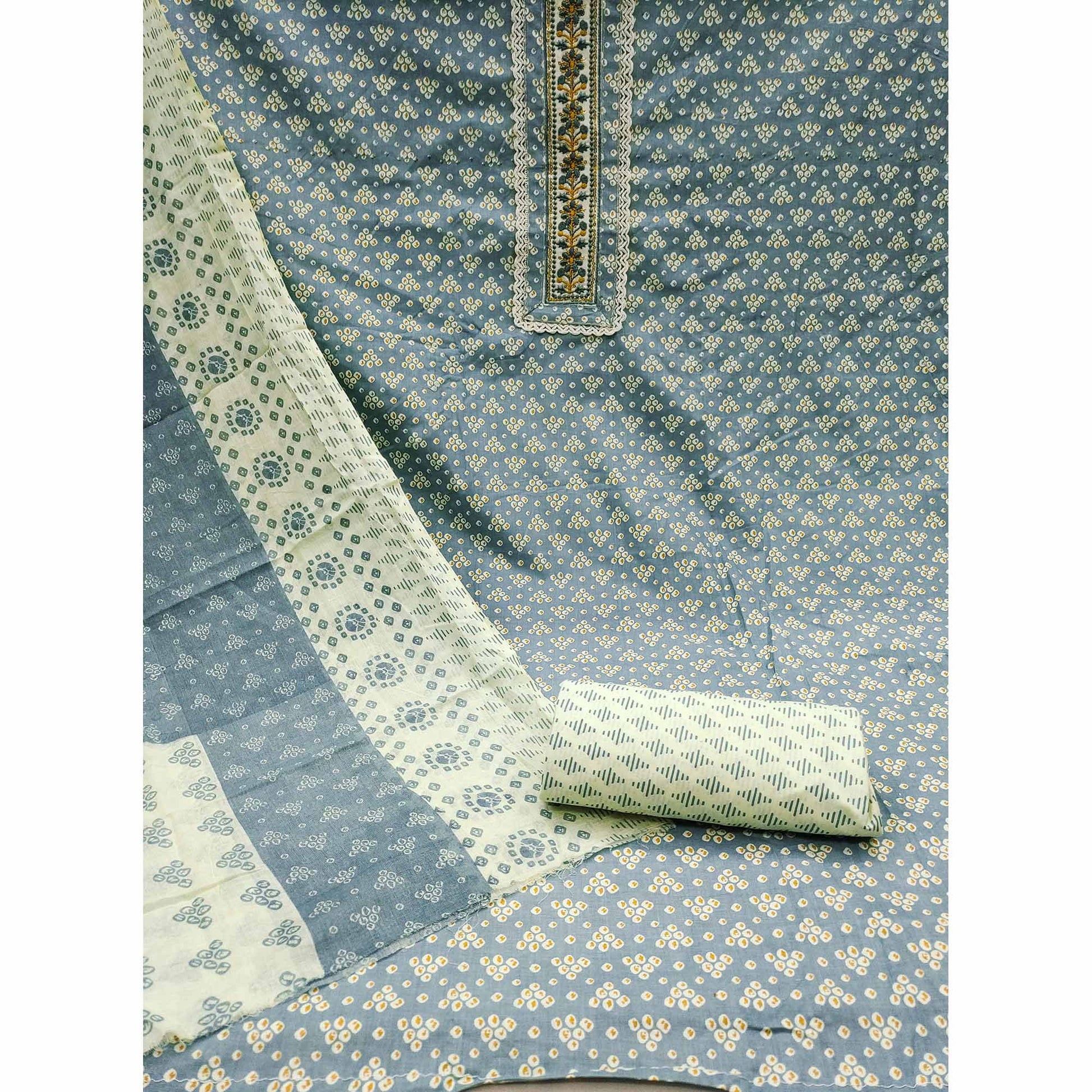 Grey Printed With Embroidery Pure Cotton Dress Material