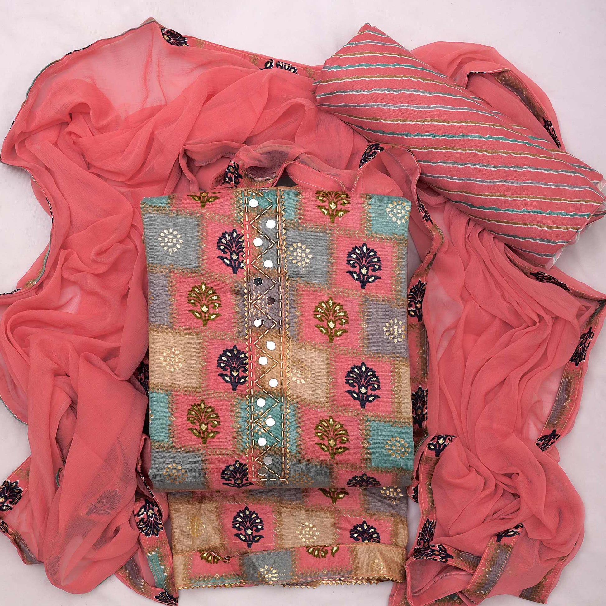 Gajari Pink Foil Printed Cotton Blend Dress Material
