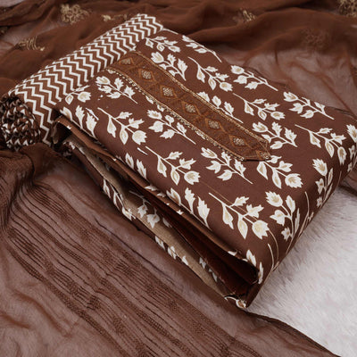 Brown Foil Printed Cotton Blend Dress Material
