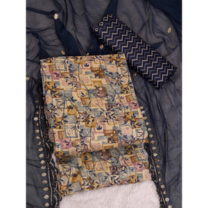Chikoo & Blue Foil Printed Cotton Blend Dress Material