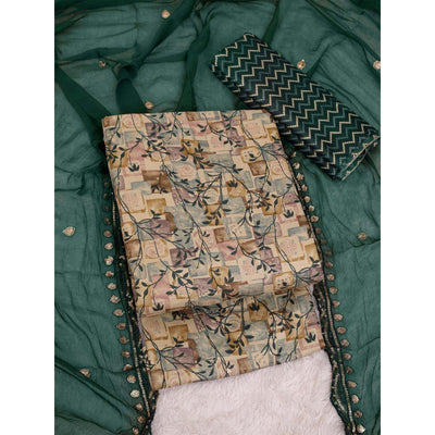 Chikoo & Green Foil Printed Cotton Blend Dress Material